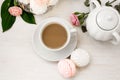 Breakfast with a cup of coffee and white and pink marshmallow zephyr. Top view, selective focus Royalty Free Stock Photo