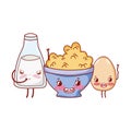 Breakfast cute boiled egg cereal and milk kawaii cartoon