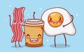 Breakfast cute fried egg bacon and coffee cup plastic cartoon Royalty Free Stock Photo