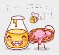 Breakfast cute waffle with jam and honey bottle flying bee cartoon