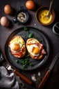 A breakfast of eggs benedict with crusty sourdough bread.