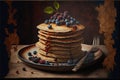 Breakfast of delicious fresh pancakes and berries on rustic wooden background