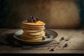 Breakfast of delicious fresh pancakes and berries on rustic wooden background