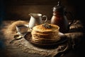 Breakfast of delicious fresh pancakes and berries on rustic wooden background