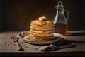 Breakfast of delicious fresh pancakes and butter on rustic wooden background