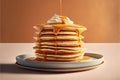Breakfast of delicious fresh pancakes and syrup on rustic wooden background