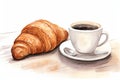 Breakfast, delicious start to the day. Cup with hot coffee and croissant.Watercolor illustration isolated on white Royalty Free Stock Photo