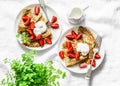 Breakfast, dessert table - crepes with strawberries and cream on a white background, top view. Royalty Free Stock Photo