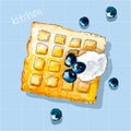 Breakfast dessert Watercolor character viennese waffles with blueberry. Sour cream. Vector illustration background