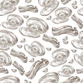 Breakfast or dinner, bacon and oysters seamless pattern
