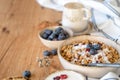 A breakfast dish of cereal, blueberries, and yogurt on a wooden table, free copy space