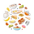 Breakfast dishes of circular shape. Sandwich, fried eggs, bacon, pancakes, coffee and tea cups cartoon vector Royalty Free Stock Photo