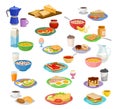 Breakfast dishes set. Sandwich, fried eggs, bacon, pancakes, coffee and tea cups cartoon vector Royalty Free Stock Photo