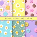 Breakfast and donuts pattern seamless collection. Set of 6 kawaii fried egg, bread and donuts background vector. Royalty Free Stock Photo