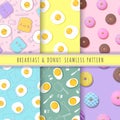 Breakfast and donuts pattern seamless collection. Set of 6 kawaii fried egg, bread and donuts background vector. Pastel food Royalty Free Stock Photo