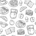 Breakfast doodle pattern. Pancakes jam cheese yogurt sausage tea bread and eggs sketch seamless vector texture Royalty Free Stock Photo