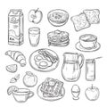 Breakfast doodle. Sandwich bread toast egg butter, morning coffee and cheese sketch healthy food vintage vector set