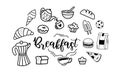Breakfast doodle set food vector icons. Royalty Free Stock Photo