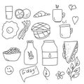 Breakfast doodles set, popular breakfast food and some utensils, drinks and food items for morning meal Royalty Free Stock Photo