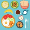 Breakfast eating food and drinks on table top view vector illustration