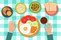 Breakfast eating food on plates and man hand on table. Top view vector illustration