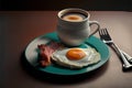 Breakfast with egg, bacon and coffee on a dark background.