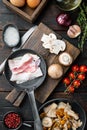 Breakfast egg ingredients, on old dark  wooden table background, top view flat lay Royalty Free Stock Photo