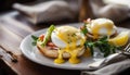 Breakfast eggs benedict close up with copy space