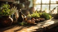breakfast eggs and herbs, macro shot, vintage farm table, fresh morning, local farm. Royalty Free Stock Photo