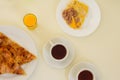 Breakfast  with Eggs, Pizza, tea and juice Royalty Free Stock Photo