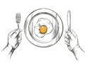 Breakfast, eggs on a plate, hands holding a knife and fork, hand drawn vector illustration realistic sketch