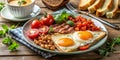 Breakfast eggs sunny side up bacon toast beans tomatoes Generative By AI