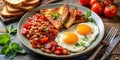 Breakfast eggs sunny side up bacon toast beans tomatoes Generative By AI