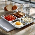 Breakfast with eggs, toast, cheese, tomato, and water. Royalty Free Stock Photo