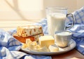 Breakfast with flakes, milk, coffee, toast, cheese and butter on a table with tablecloth with blue and white squares.