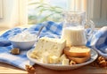 Breakfast with flakes, milk, coffee, toast, cheese and butter on a table with tablecloth with blue and white squares.