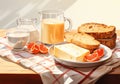 Breakfast with flakes, milk, coffee, toast, cheese and butter on a table with tablecloth with red and white squares