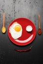 Breakfast and food art concept. Omelet and eggshell Royalty Free Stock Photo