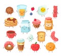 Breakfast food characters. Funny cartoon lunch apple eggs toast cake salt. Tasty breakfast comic friends vector set