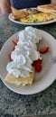 Breakfast food with fresh berry crepes and an egg omlette with toast