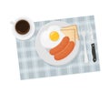 Breakfast. Food illustration with coffee, scrambled eggs, sausages, toast.
