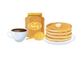 Pancakes with honey, cup of coffee and jar of honey vector