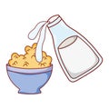 Breakfast food milk pouring in cereal bowl cartoon isolated icon Royalty Free Stock Photo