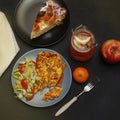 Breakfast Food Omlette Eggs Fruit Tea Black Background Top view