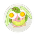 Breakfast Food with Sliced Vegetables and Sandwich in Shape of Smiley Above View Vector Illustration