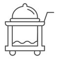 Breakfast food tray thin line icon. Covered cart with table and platter symbol, outline style pictogram on white Royalty Free Stock Photo