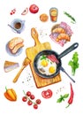 Breakfast food watercolor top view illustration.