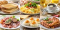 Breakfast Foods Collage Featuring Scrambled Eggs Bacon Poached Eggs Toast and Pork Meat Generative AI