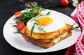 Breakfast. French cuisine. Croque madame sandwich close up on the tableBreakfast. French cuisine. Croque madame sandwich Royalty Free Stock Photo