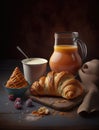 Breakfast with croissant, milk and orange juice. Generative AI